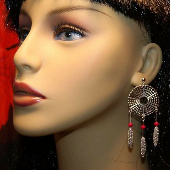 Handmade Funky Abstract Silver Plated Pink Fossil Stone Dreamcatcher Earrings - Picture 3 of 5